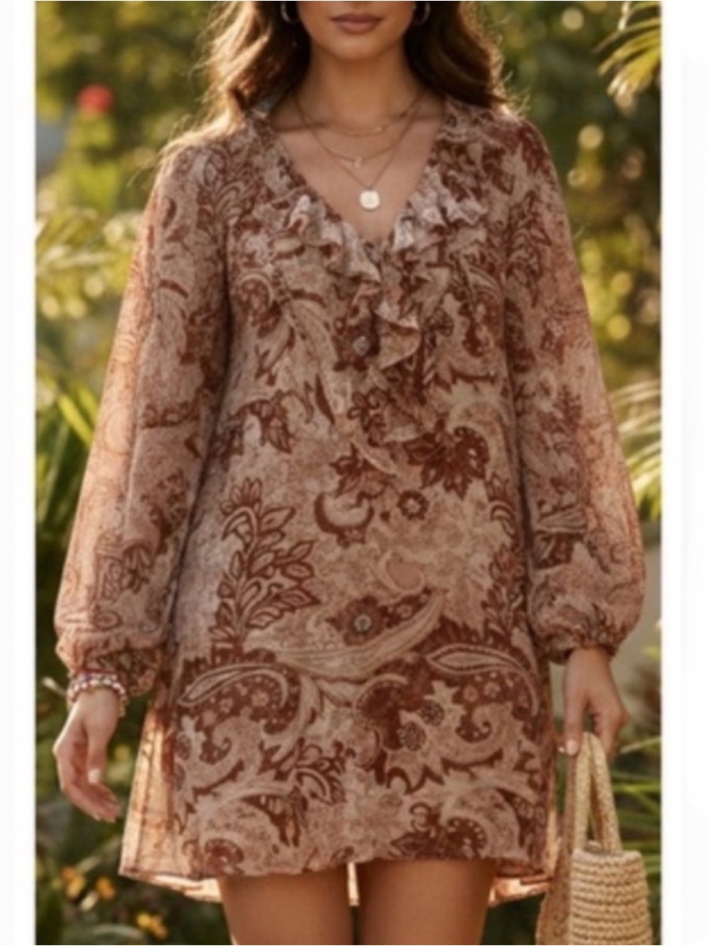 HOUSE OF HARLOW Brown & Cream Paisley Long Sleeve V-neck Mini Dress! (No belt) - Picture 8 of 16